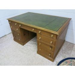 Large old pine two pedestal desk with green leather inlay vgc