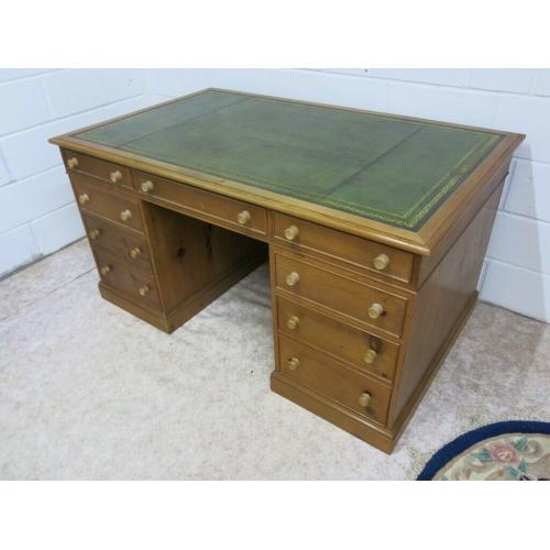 Large old pine two pedestal desk with green leather inlay vgc