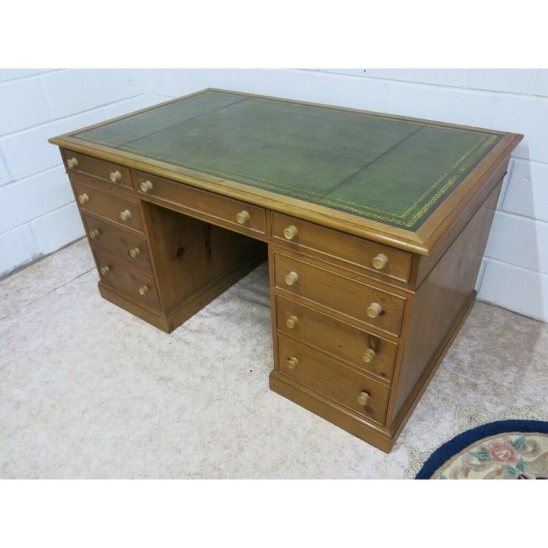 Large old pine two pedestal desk with green leather inlay vgc