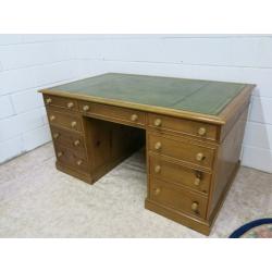Large old pine two pedestal desk with green leather inlay vgc