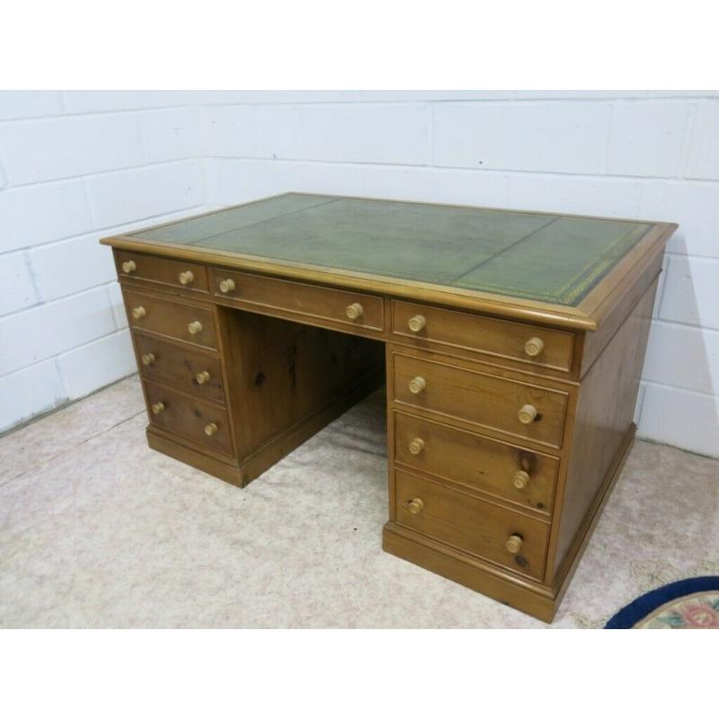 Large old pine two pedestal desk with green leather inlay vgc