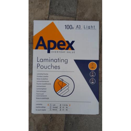 Apex laminating pouches A3 light 75-80 microns