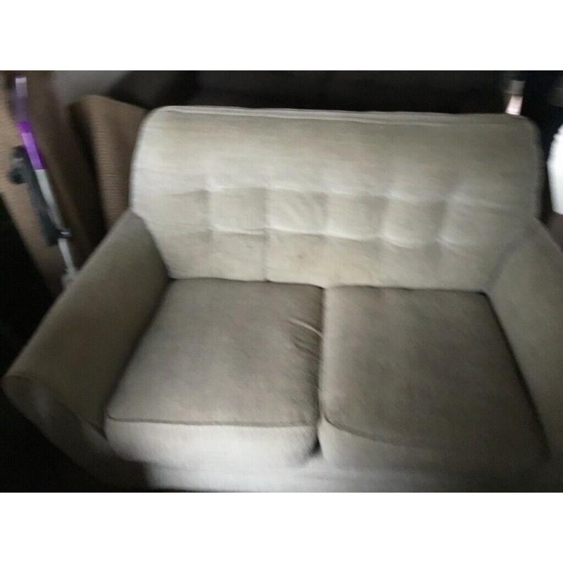 Free settee x 2 one cream colour one brown colour, white tv table, white coffee table