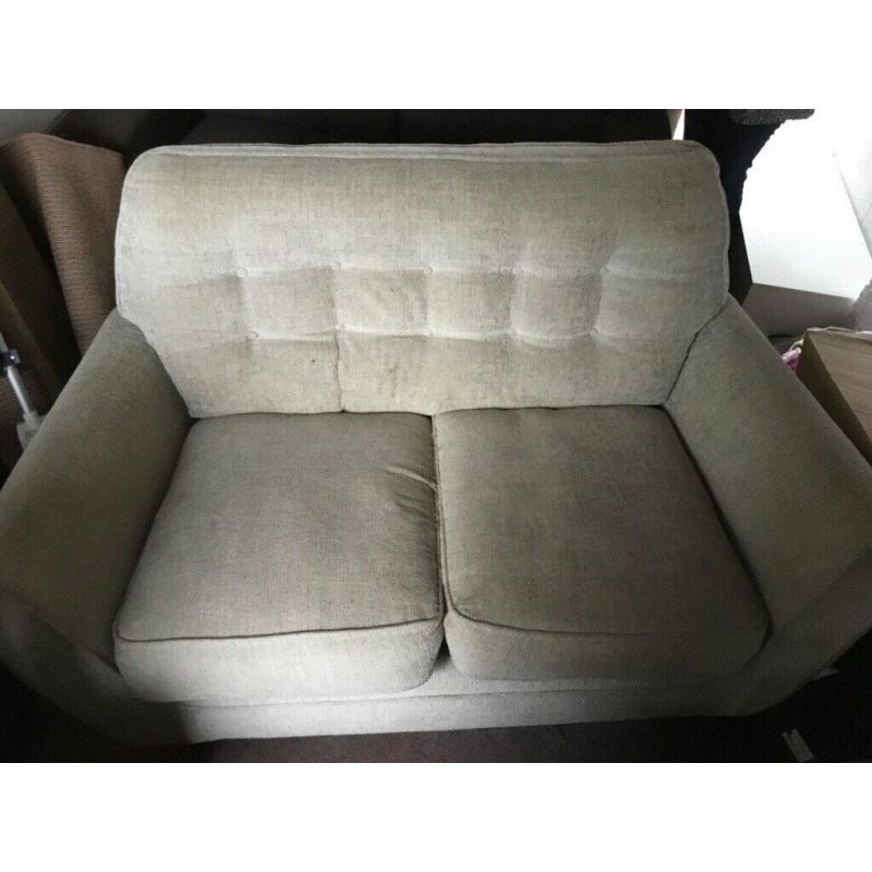 Free settee x 2 one cream colour one brown colour, white tv table, white coffee table