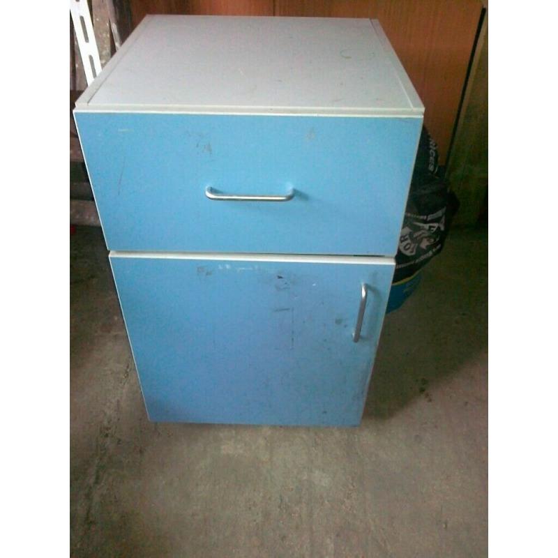 pale blue malamine cupboard on castors