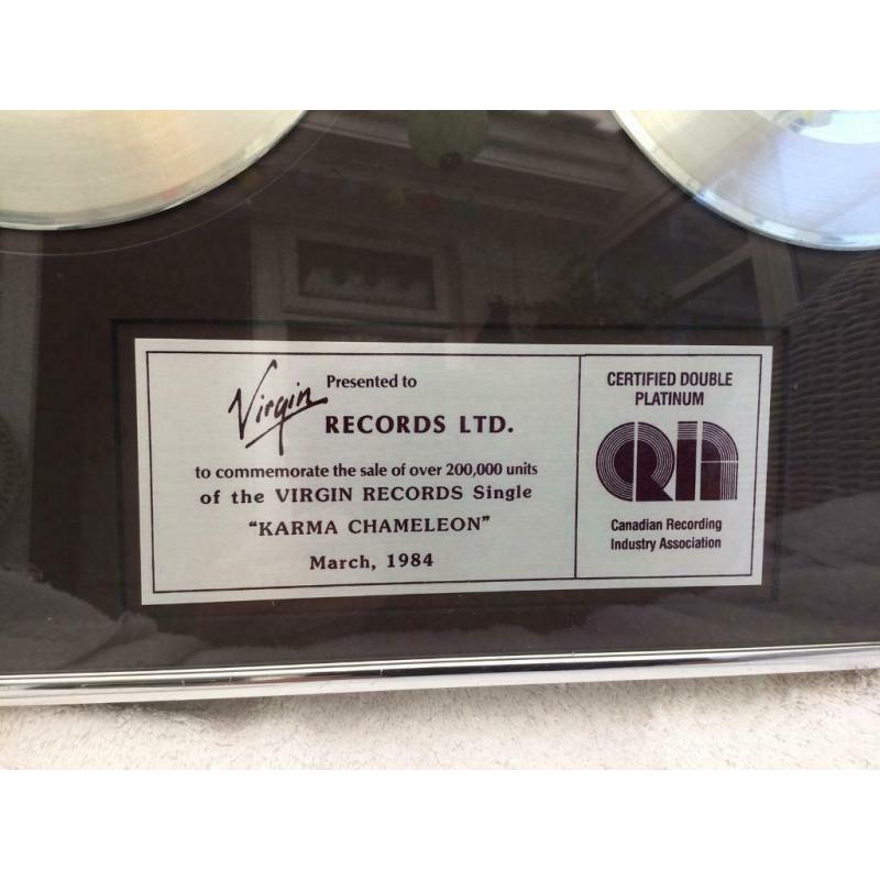 Boy George Certified Double Platinum Disc For Karma Chameleon Presented To Virgin Records 1984