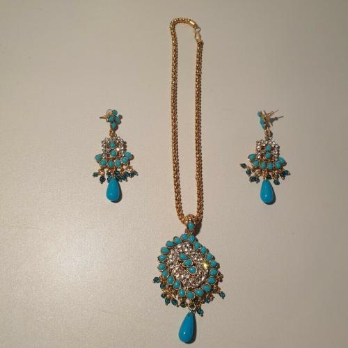 Shiny Turquoise Artificial Necklace With Earrings Kids Jewellery Set