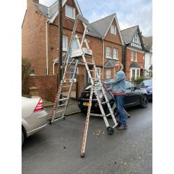 Platform ladder for exterior decorating or tree work