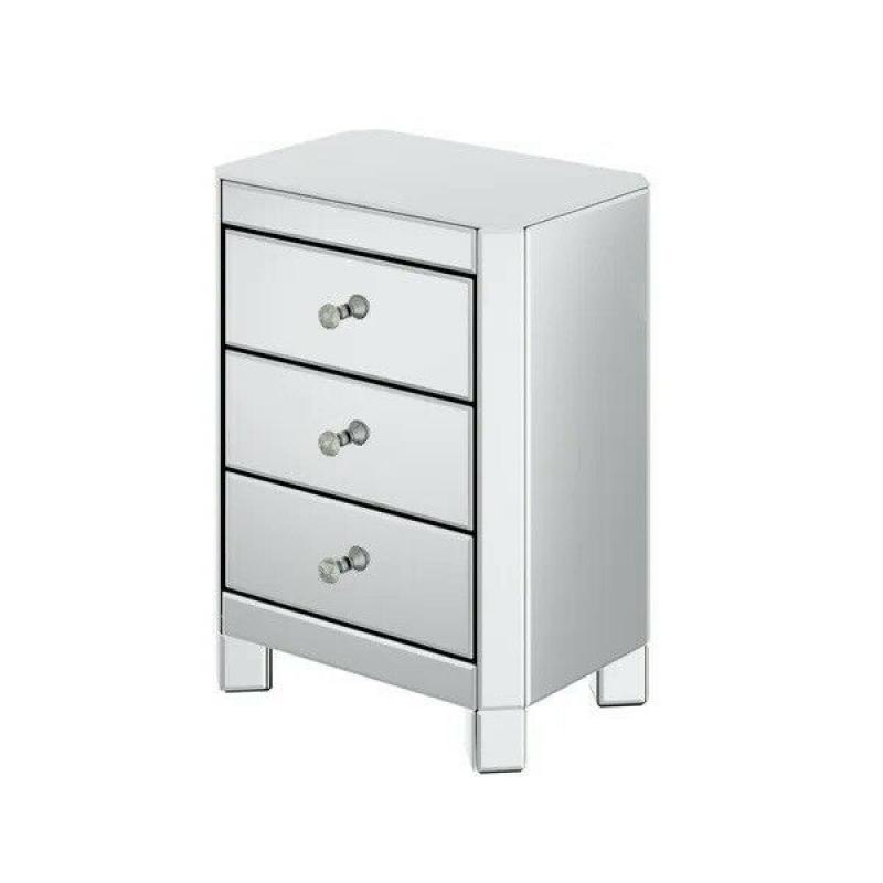 Designer Mirrored Three Drawer Bedside Table With Crystal Effects Knobs