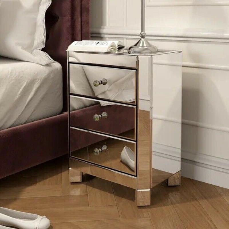 Designer Mirrored Three Drawer Bedside Table With Crystal Effects Knobs