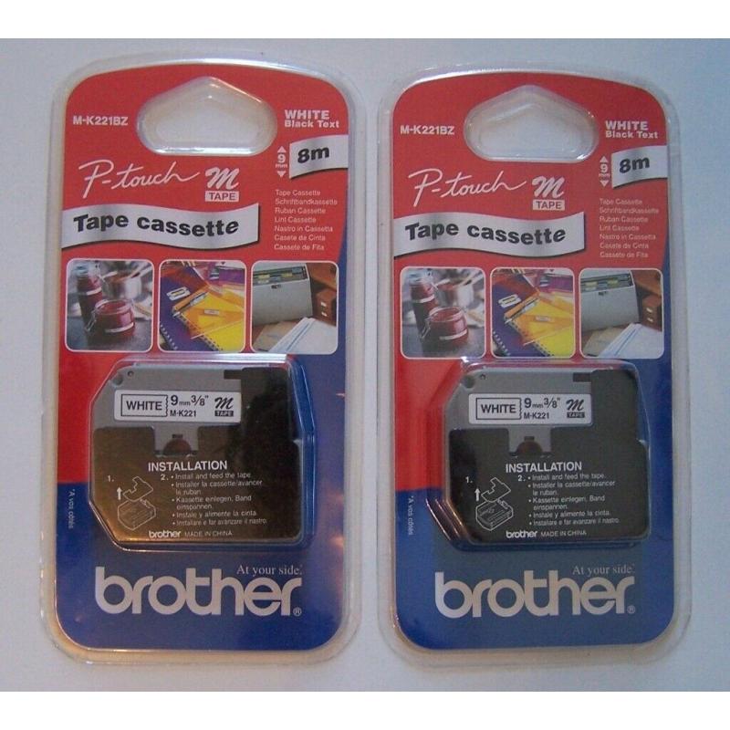 2 x Genuine Brother P-touch M-K221SBZ (9mm x 8mtr) Black on White Plastic Labelling Tape