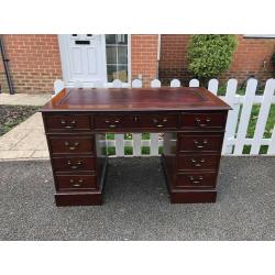 Chesterfield style Twin Pedestal Writing Desk with Red Leather Top Inlay & Key