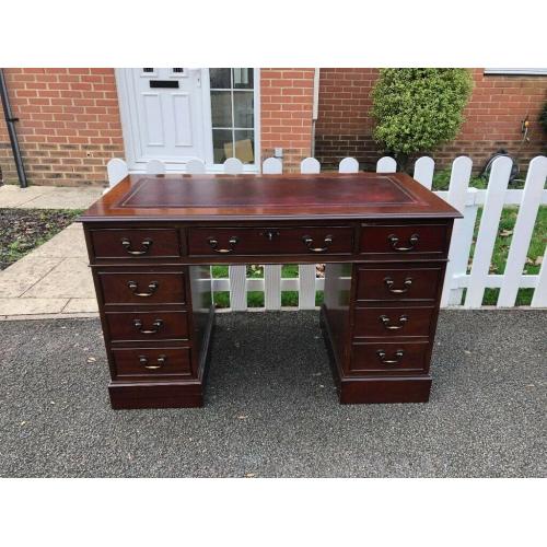 Chesterfield style Twin Pedestal Writing Desk with Red Leather Top Inlay & Key