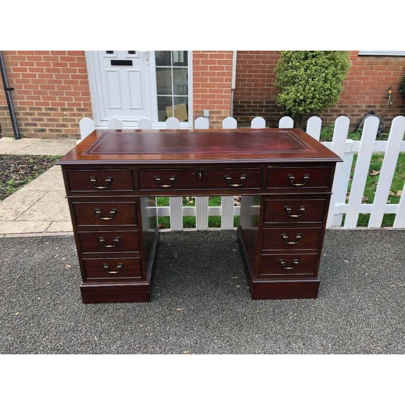 Chesterfield style Twin Pedestal Writing Desk with Red Leather Top Inlay & Key