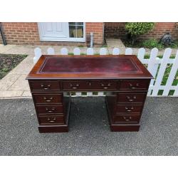 Chesterfield style Twin Pedestal Writing Desk with Red Leather Top Inlay & Key