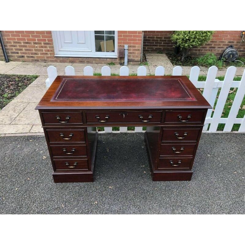 Chesterfield style Twin Pedestal Writing Desk with Red Leather Top Inlay & Key
