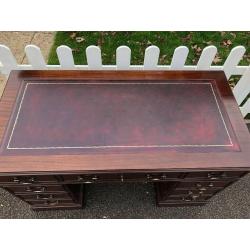 Chesterfield style Twin Pedestal Writing Desk with Red Leather Top Inlay & Key