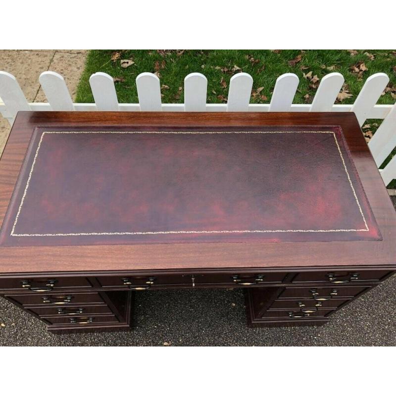 Chesterfield style Twin Pedestal Writing Desk with Red Leather Top Inlay & Key