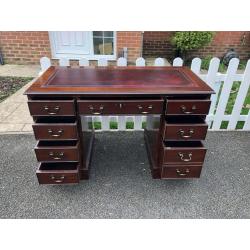 Chesterfield style Twin Pedestal Writing Desk with Red Leather Top Inlay & Key