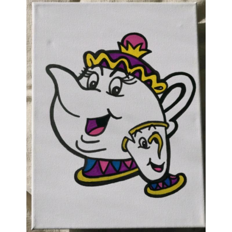 Art. Small Mrs Pots and Chip canvas. Beauty and the Beast art.