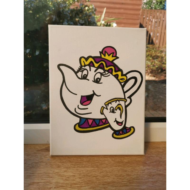Art. Small Mrs Pots and Chip canvas. Beauty and the Beast art.